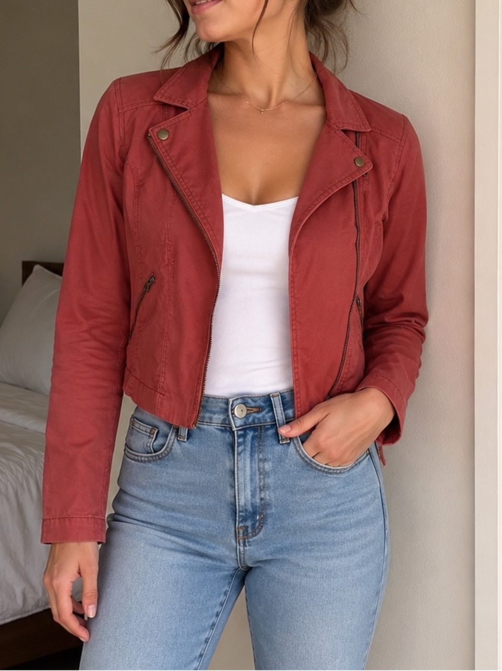 LOFT Rust Cropped Moto Jacket